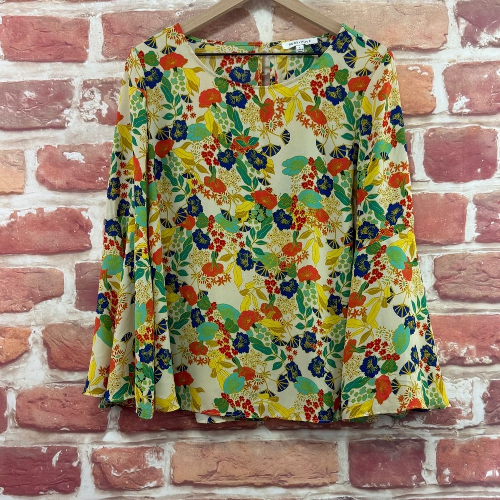 Rose + Olive Top Women's Large Multicolor Boho Garden Floral Casual Career Shirt